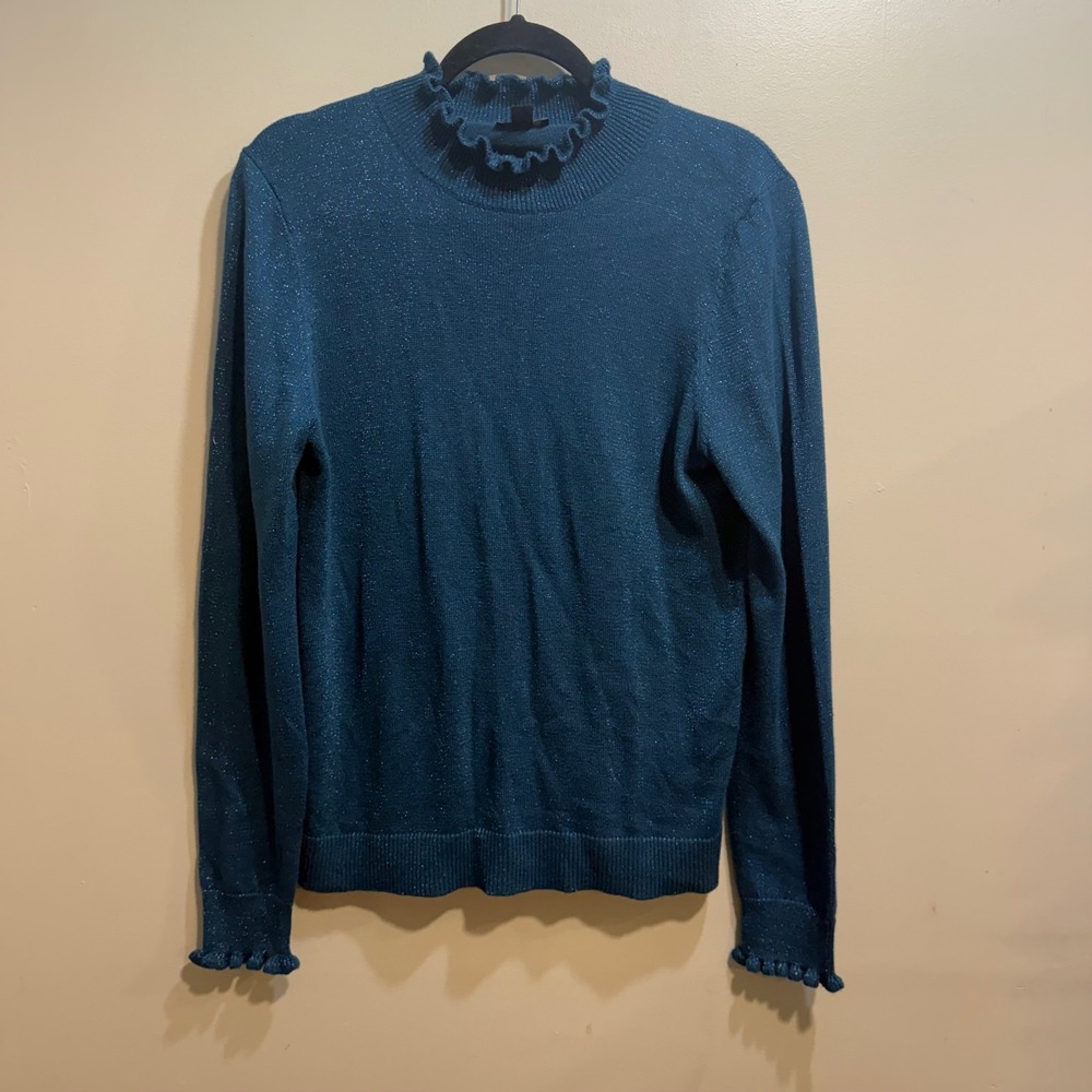 Ann Taylor Factory Teal Blue Metallic Shimmer Ruffle Mock Neck Sweater Large